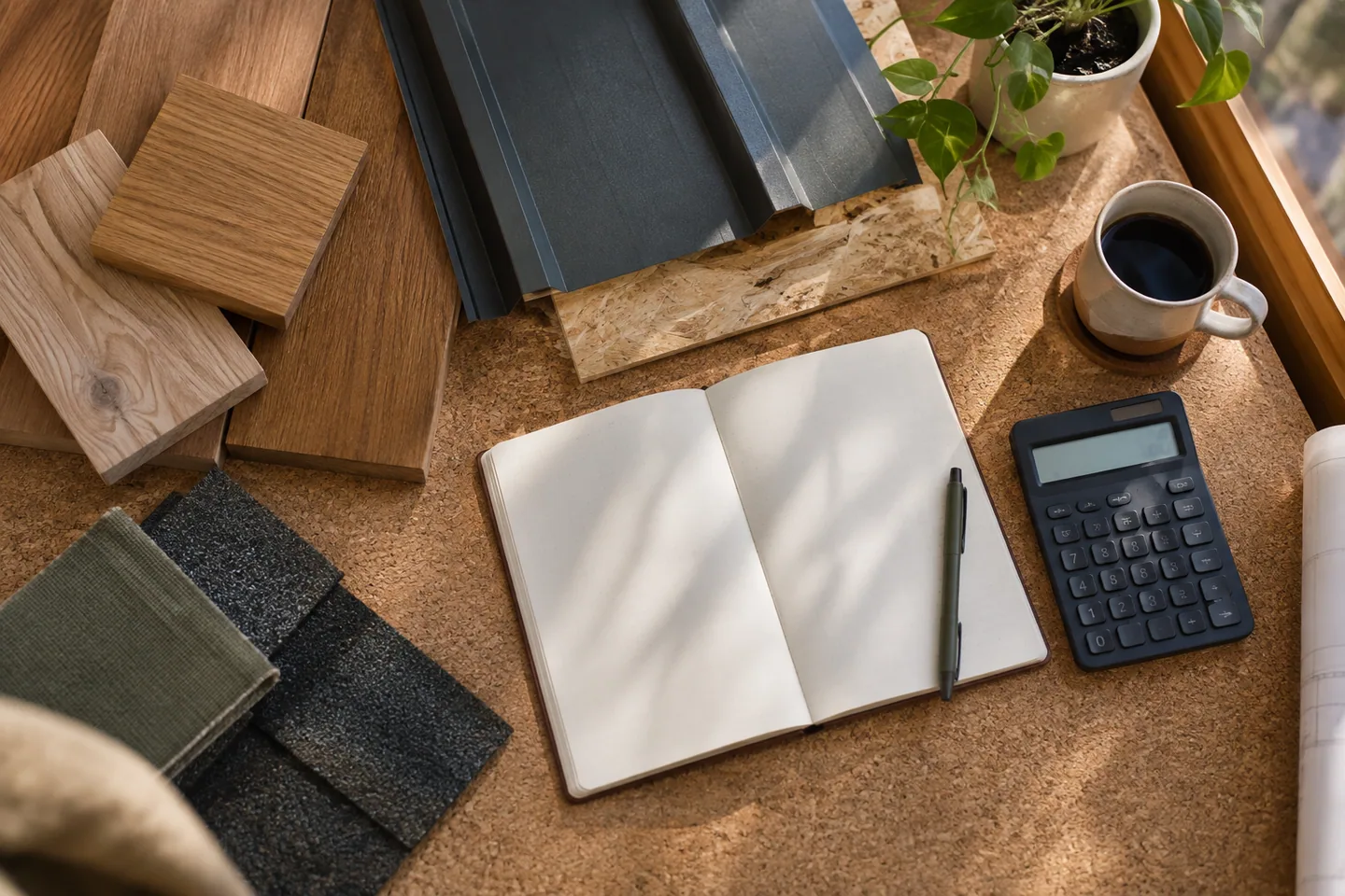 Overhead view of timber and roof samples beside an open unmarked budgeting notebook and a calculator on a cork desk