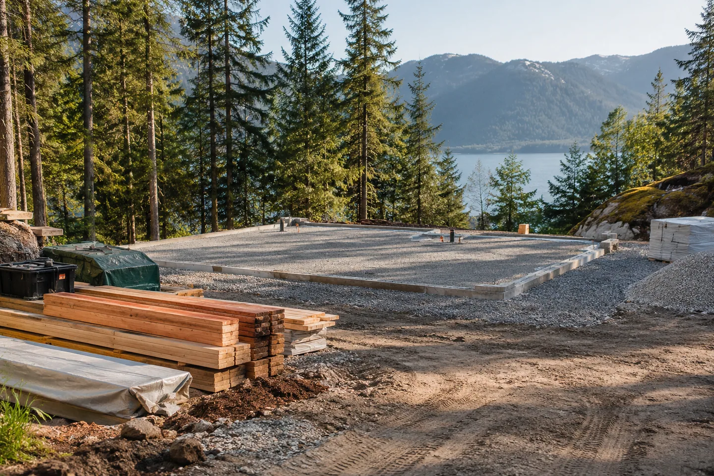 Cabin construction site before framing, organized cleared footprint, access route and stored materials