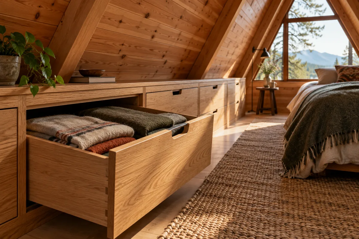 Built-in oak drawers beneath an A-frame roof slope, with one drawer open to folded blankets.