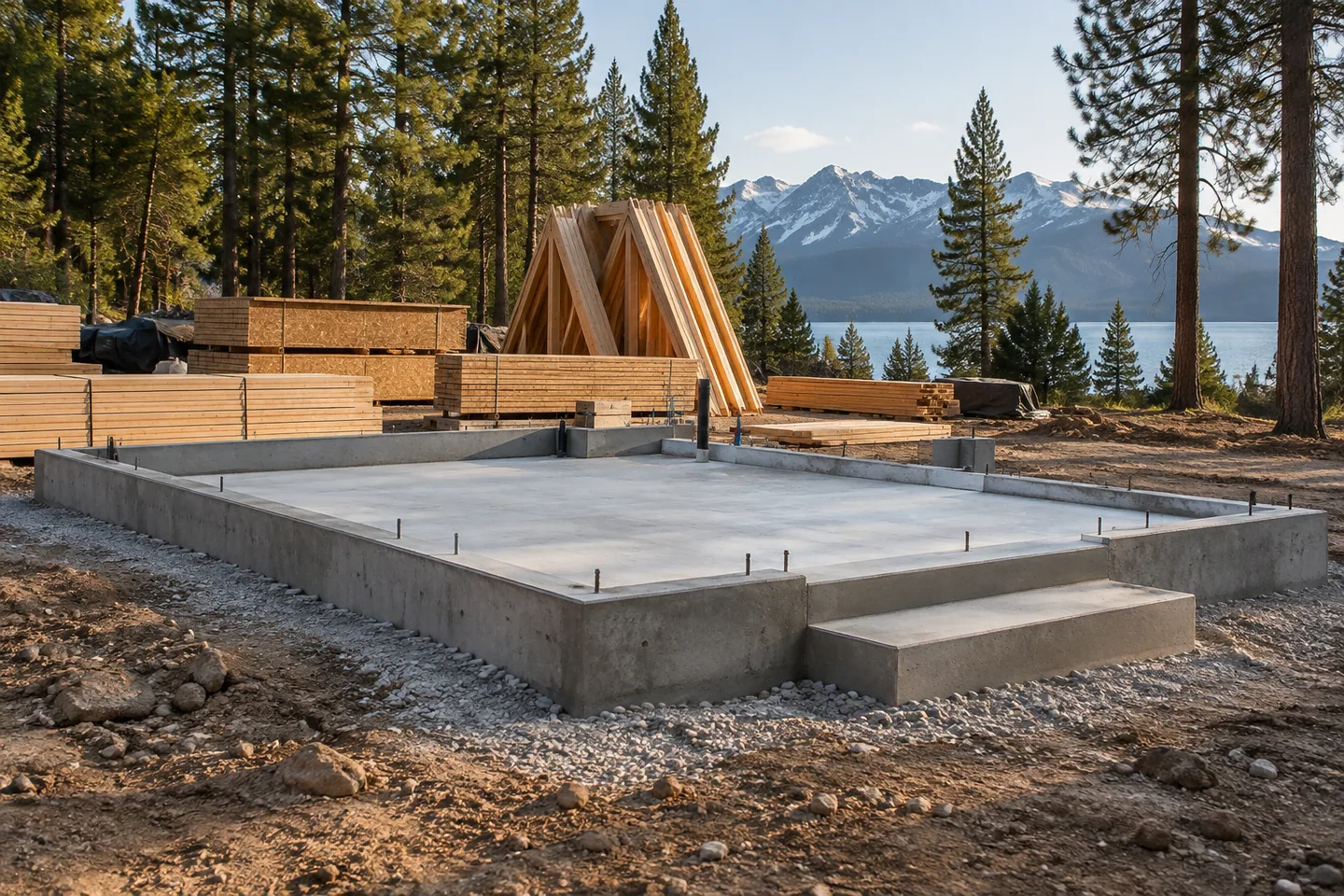 A newly finished cabin foundation in foreground and neatly stacked framing components behind it, progress-stage photograph