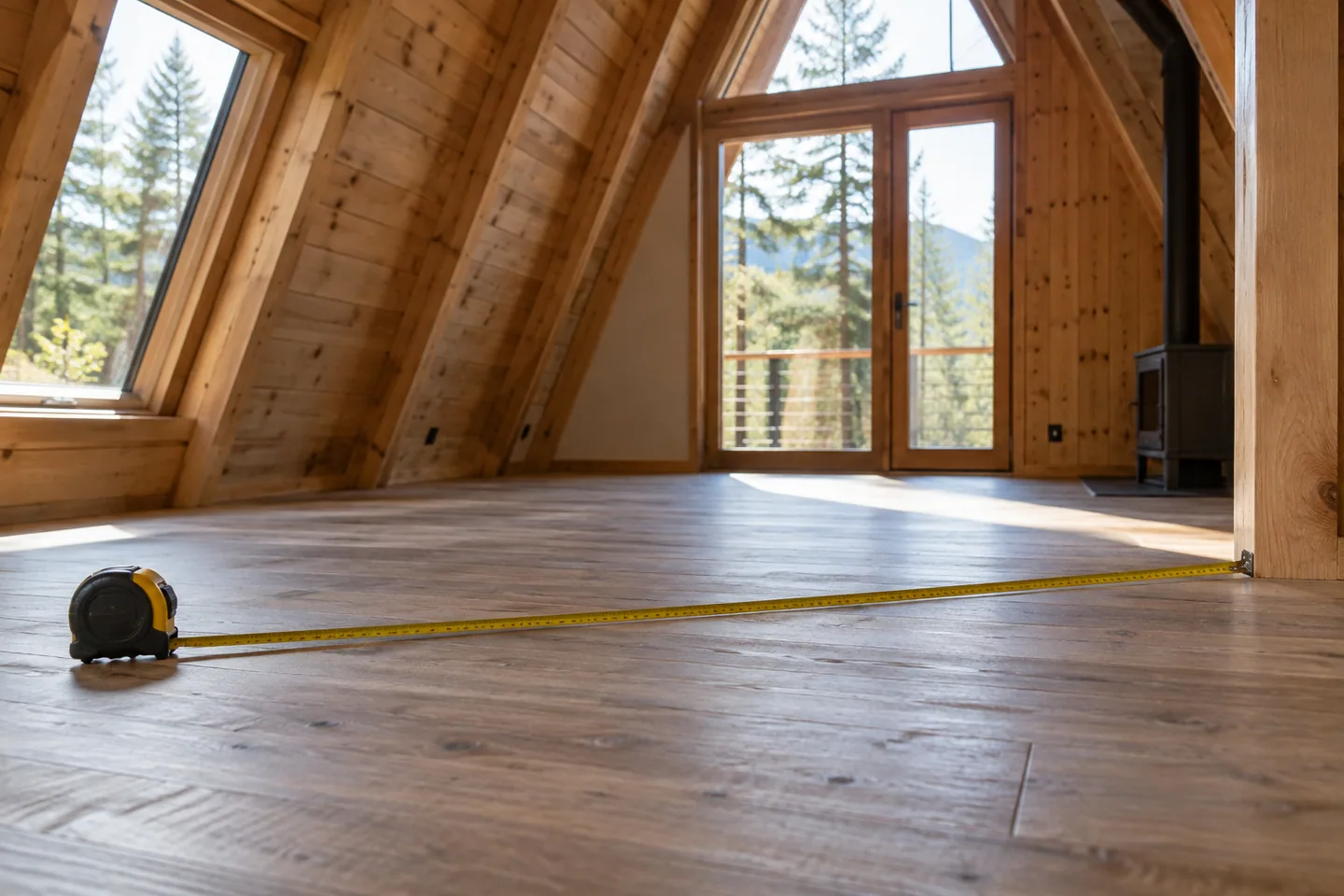 Measuring tape stretched across the central usable floor of an unfurnished A-frame, low wide view