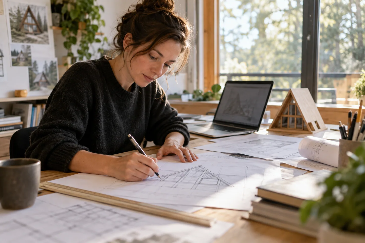 An architect drawing an A-frame elevation by hand in a light-filled studio, paper details not readable