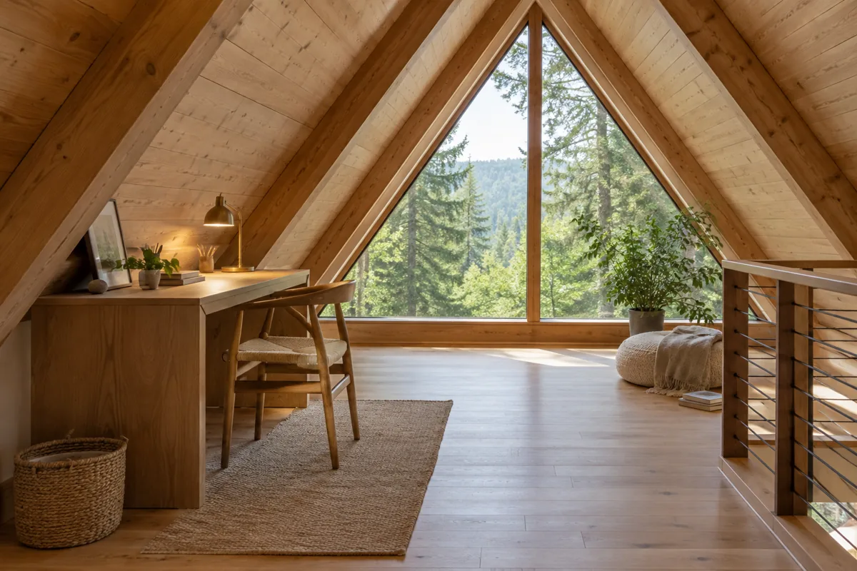 A compact desk beneath an A-frame roof slope, beside a triangular forest-facing window.