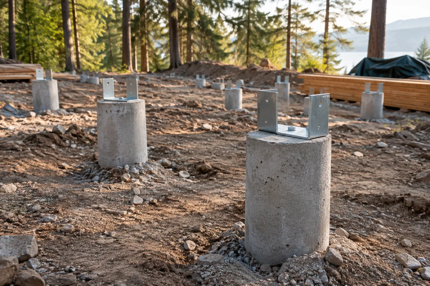 Dry concrete pier foundation with metal post brackets awaiting timber framing, ordinary building-site photograph