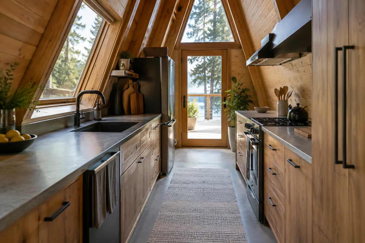 Long narrow cabin galley kitchen with opposing counters and a clear unobstructed aisle
