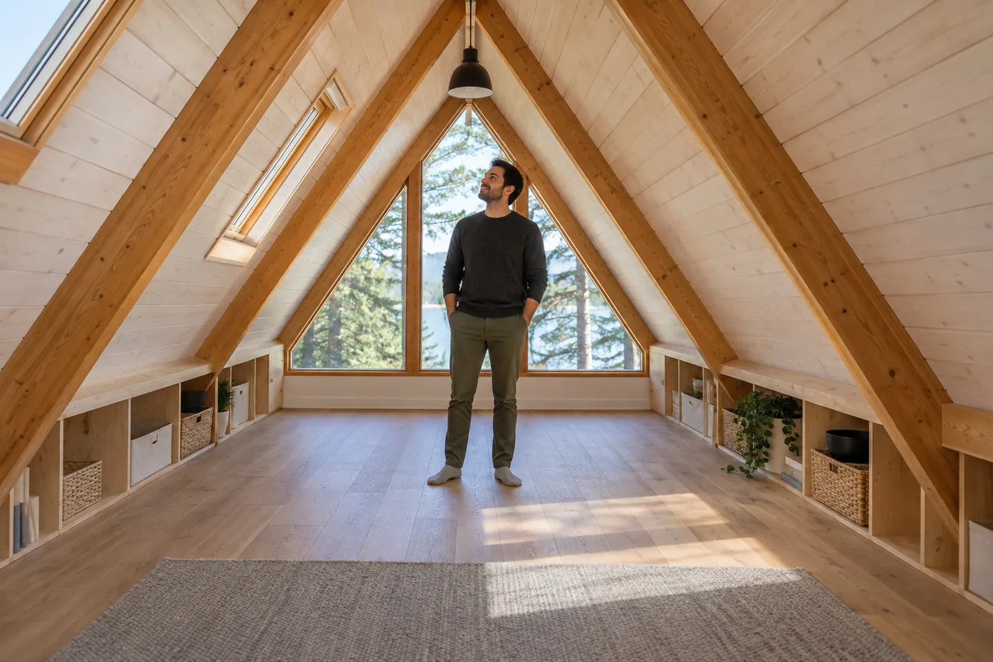 Tall adult standing comfortably in the center of an empty A-frame loft while low storage follows the eaves
