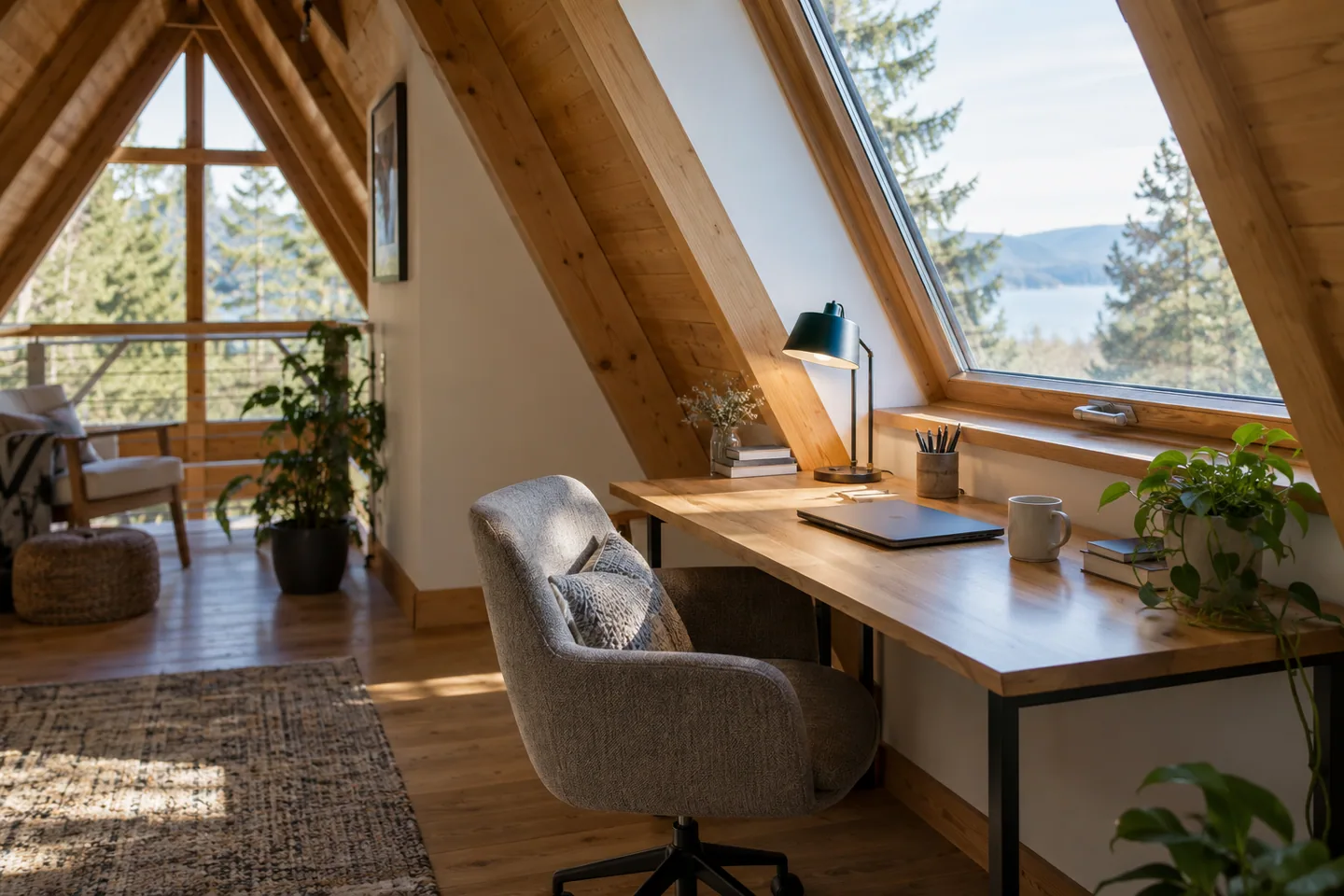 A compact desk facing a side window beneath an A-frame slope, comfortable chair and closed laptop