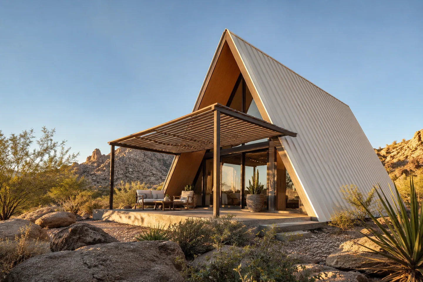 A pale-roofed A-frame with deep exterior shade in a dry rocky landscape at late afternoon