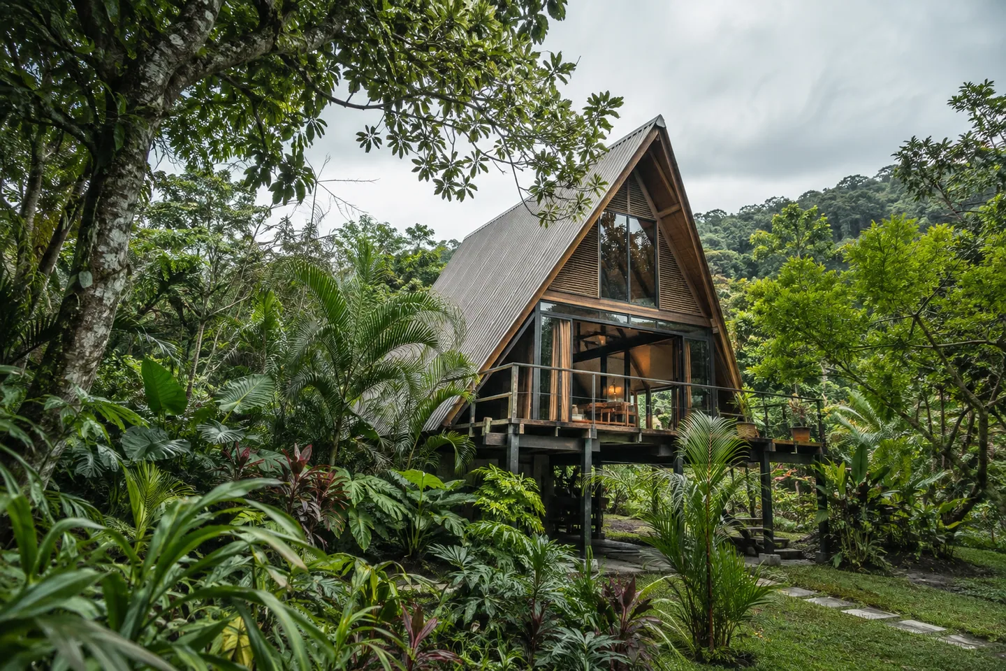 A ventilated elevated timber A-frame amid lush humid subtropical greenery under overcast sky