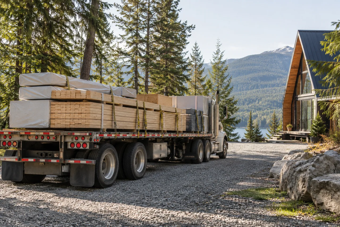 A stationary flatbed timber delivery truck on a generous gravel cabin driveway
