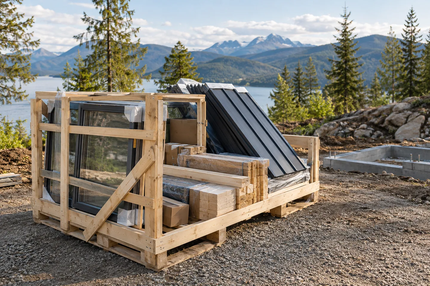 A delivery crate containing framed windows, roof panels and timber accessories on a clean cabin building site