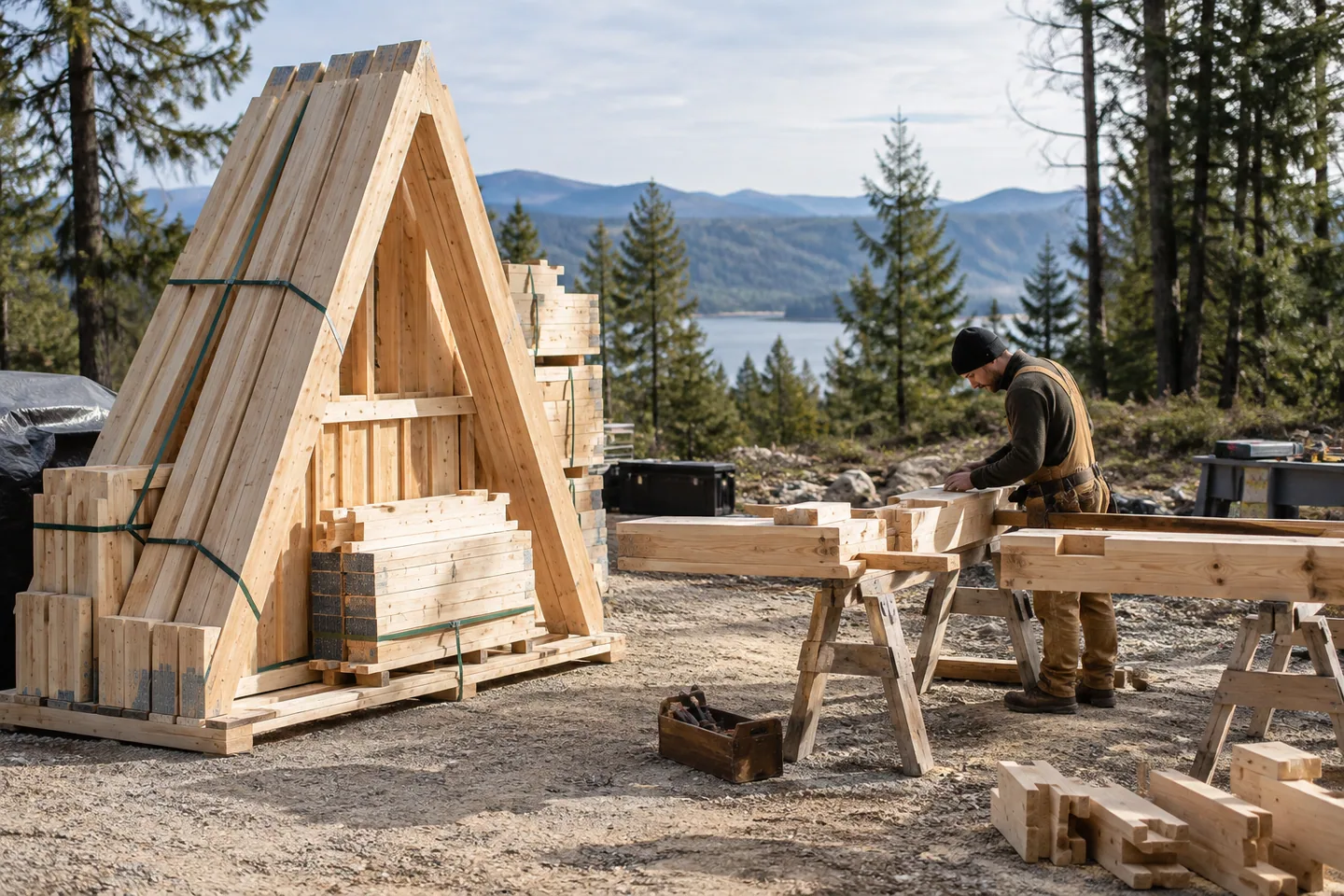 A prefabricated A-frame timber bundle beside a craftsman's individually cut joinery on trestles