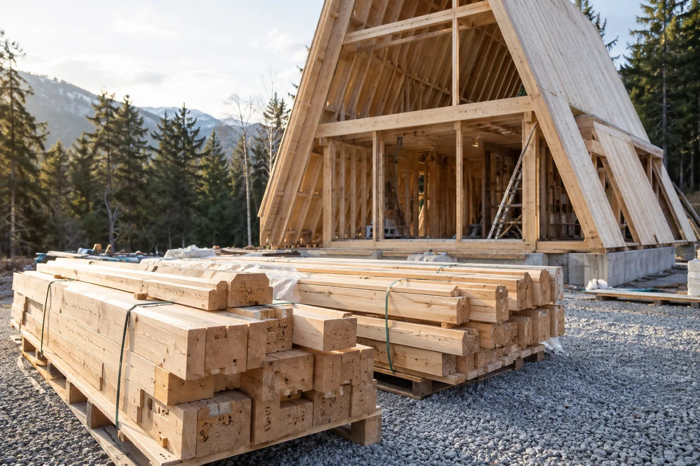 Delivery pallets of numbered timber beams in front of an unfinished A-frame structure on a gravel site