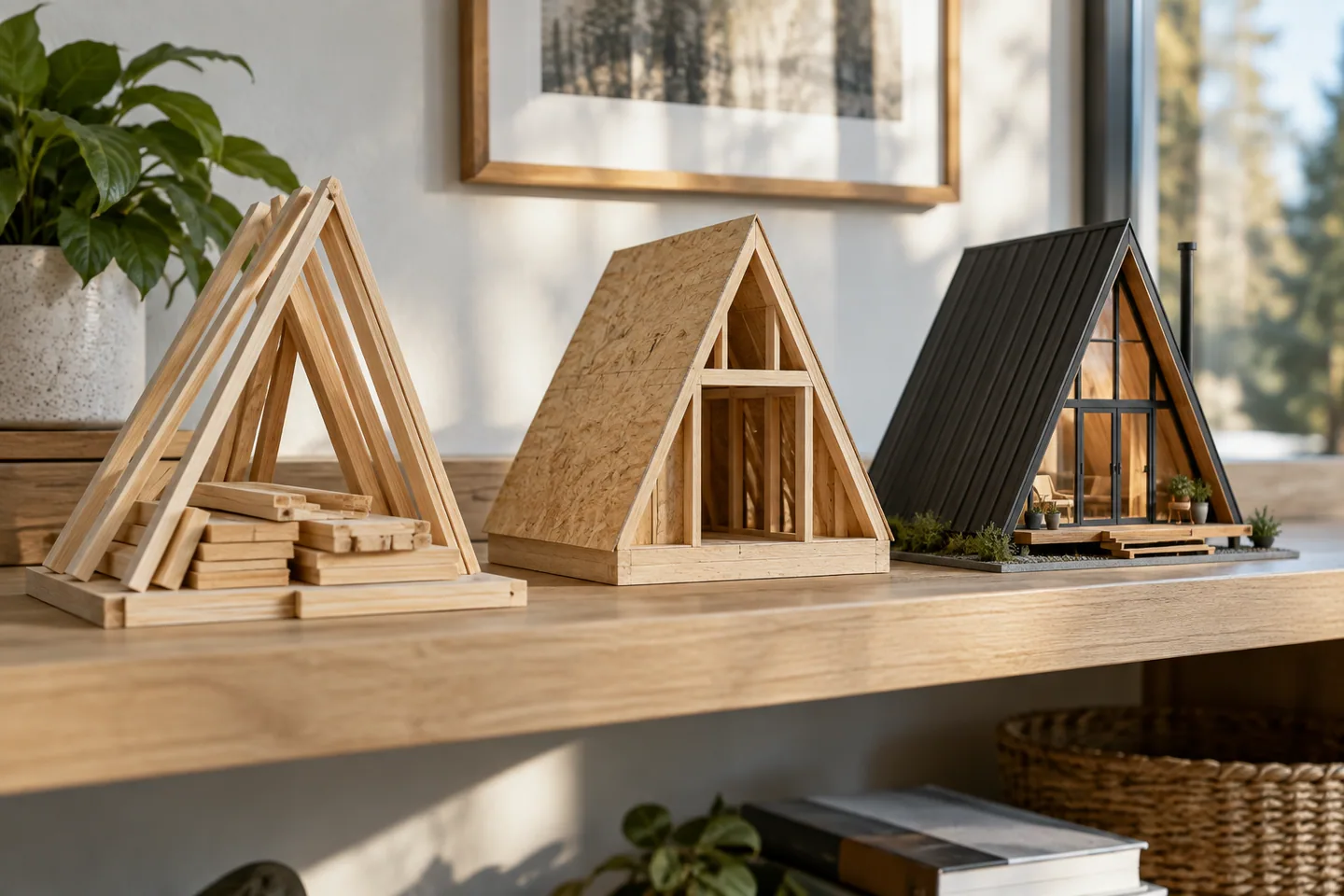 Three physical miniature A-frames showing timber kit pieces, enclosed shell and finished home on a clean shelf
