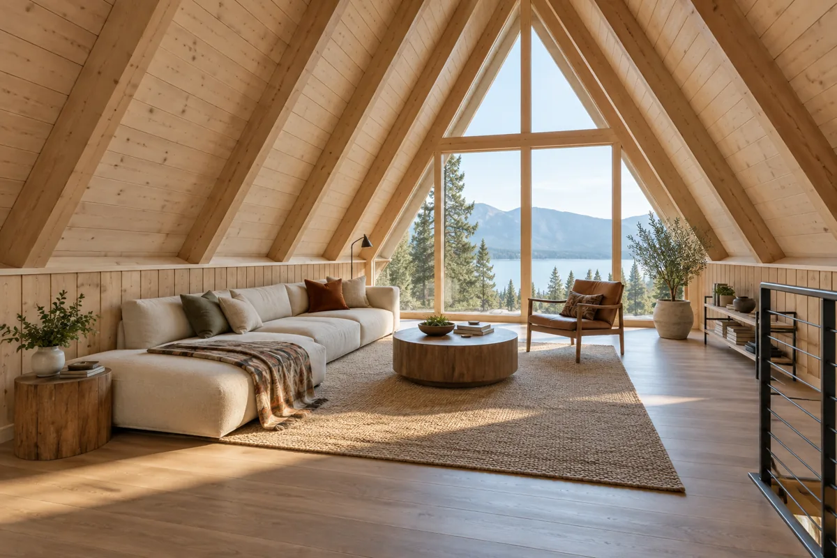 A-frame living room with a short vertical knee wall beneath the sloping timber roof.