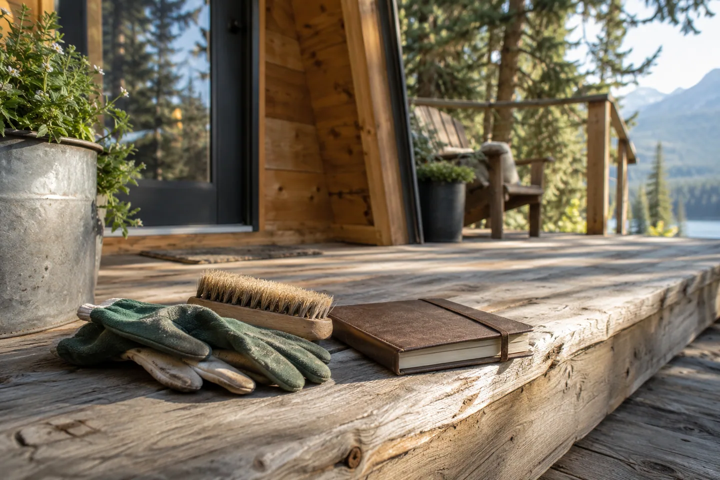 Garden gloves, soft brush and a closed maintenance journal on a weathered cabin porch