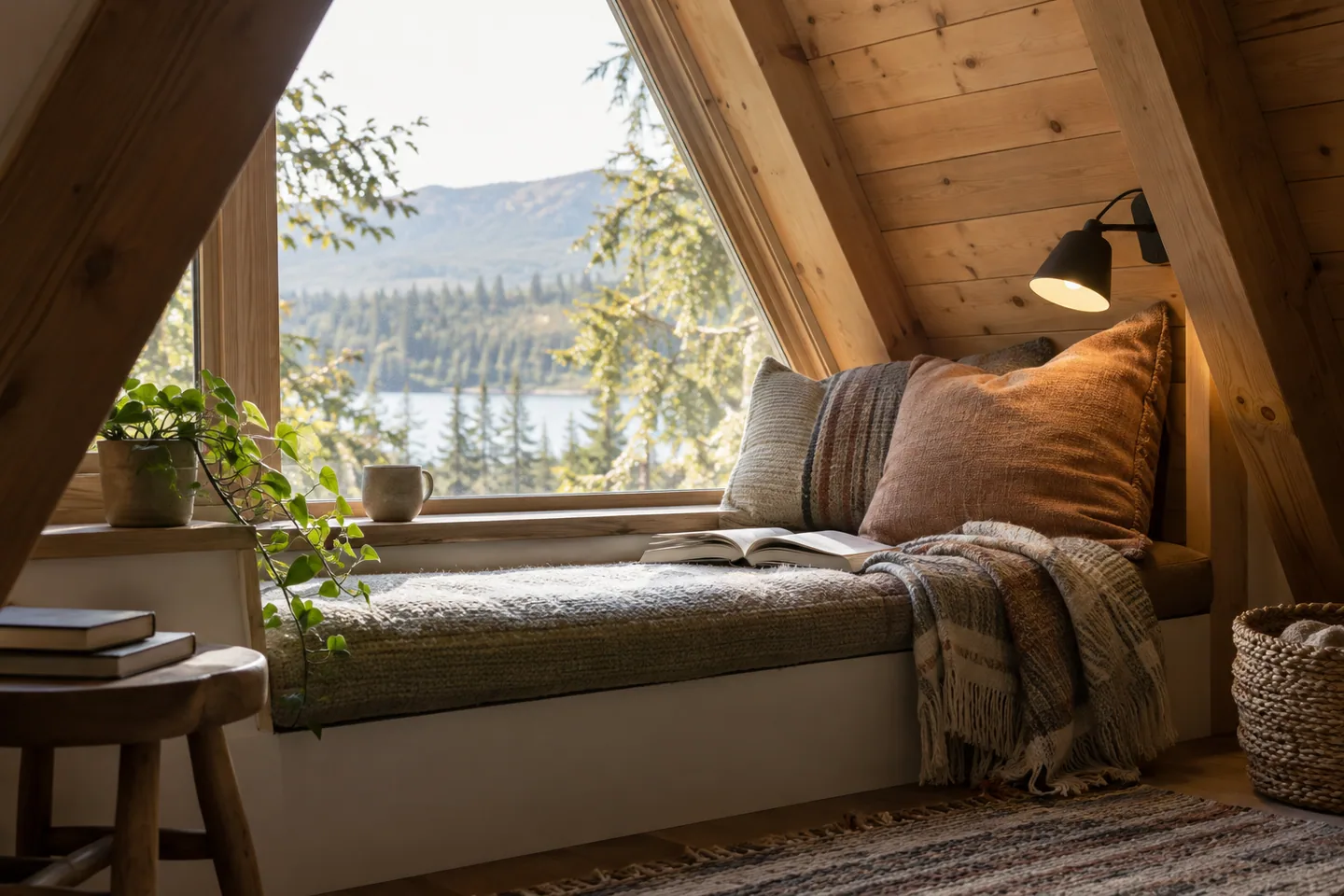 A low window seat with a wool cushion, reading lamp and open book under timber eaves