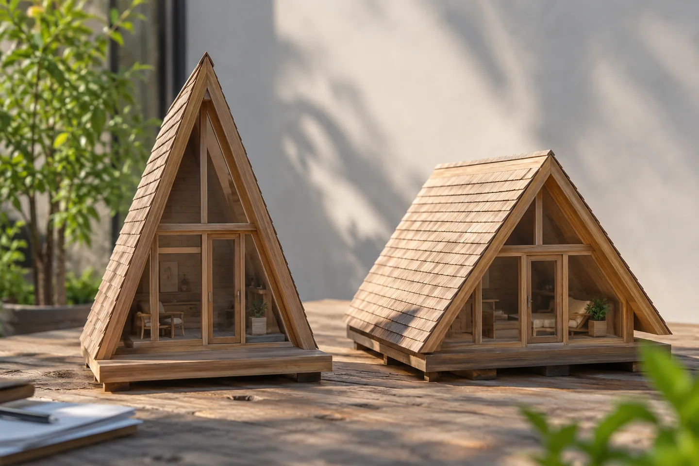 Two small timber A-frame cabin models with visibly different roof pitches against a quiet backdrop
