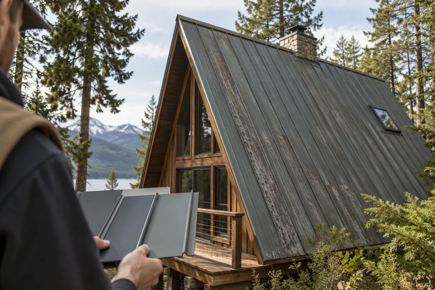 Weathered standing-seam cabin roof photographed from safe ground with a contractor's material sample in foreground