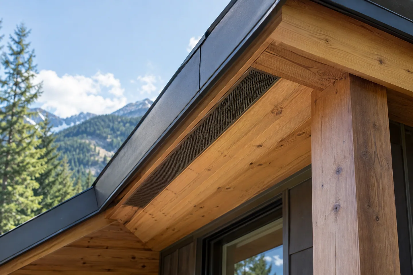 Close-up of a protected roof eave with neat ventilation grille and timber soffit, conceptual building detail