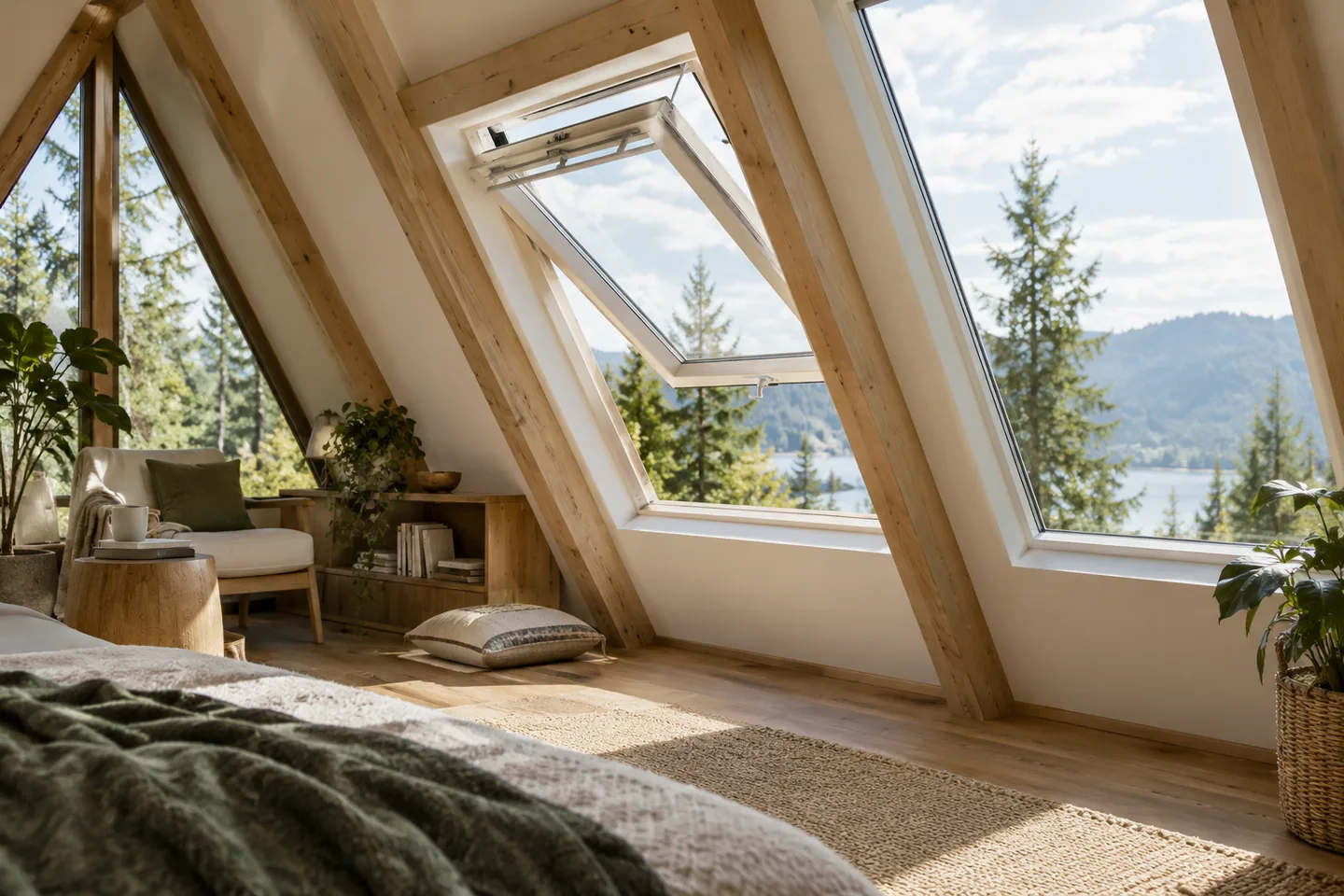 An open roof window bringing air into a light A-frame loft, nearby fixed pane visible