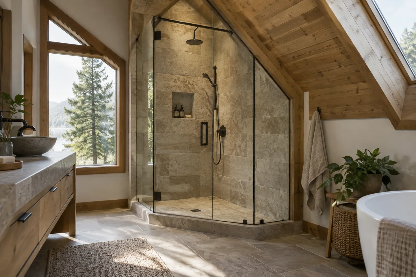 A shower placed under the high section of a sloped cabin bathroom ceiling, warm stone and timber