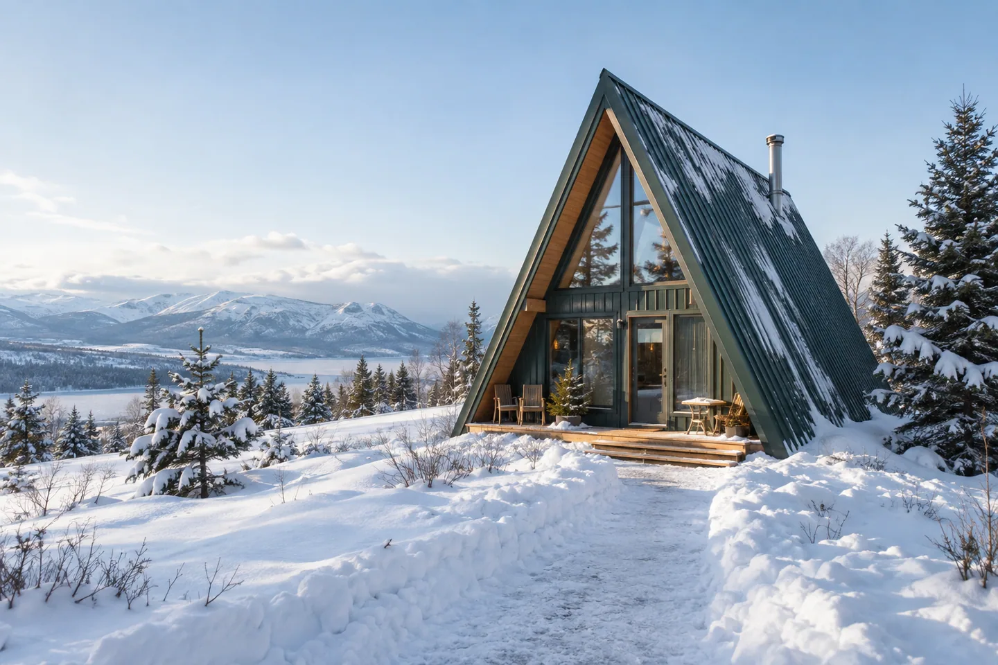 Dark green A-frame on a snowy open hillside, properly clear entrance path, pale blue winter daylight