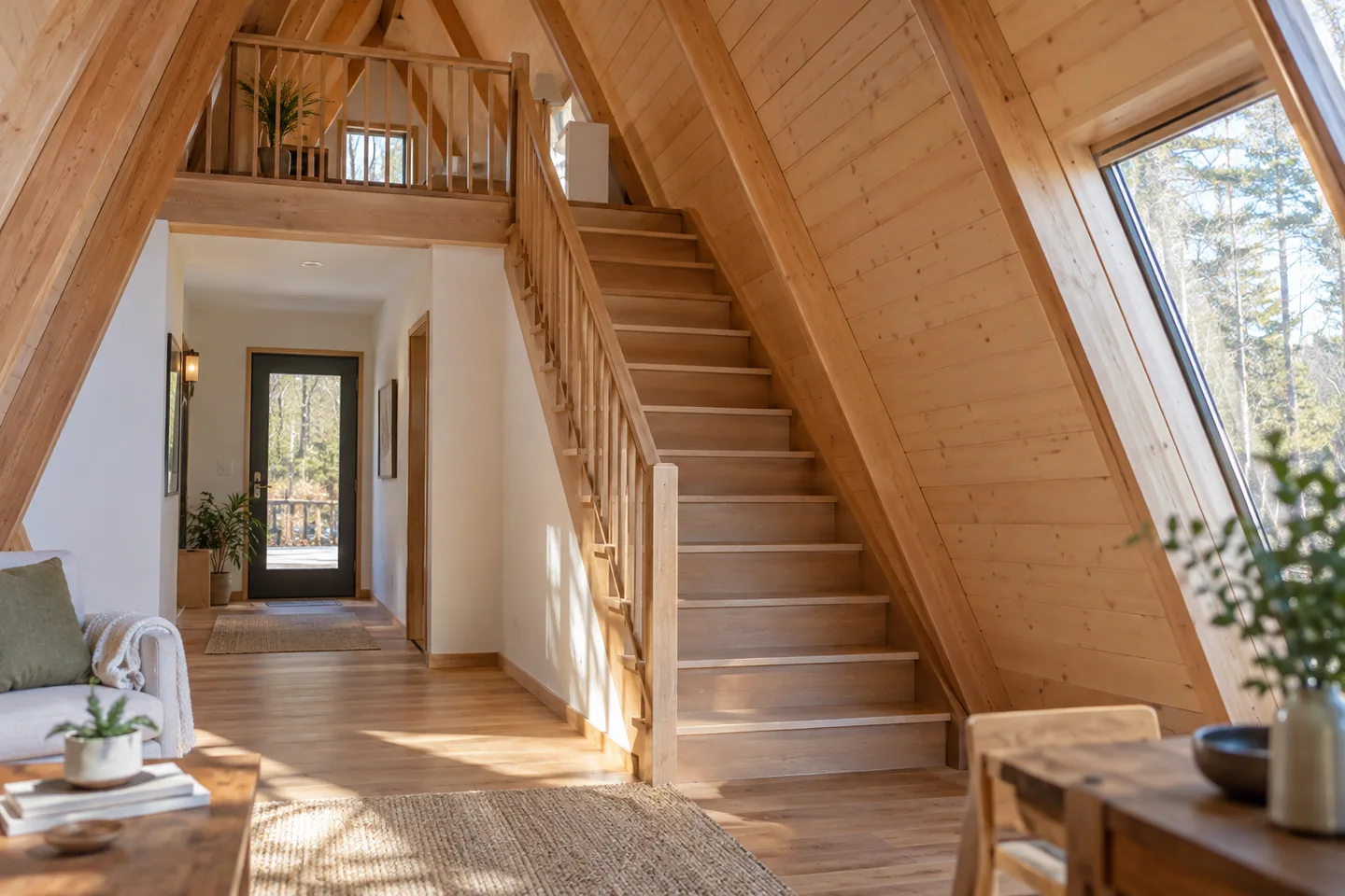 A compact straight timber staircase with full landing and uncluttered approach inside an A-frame