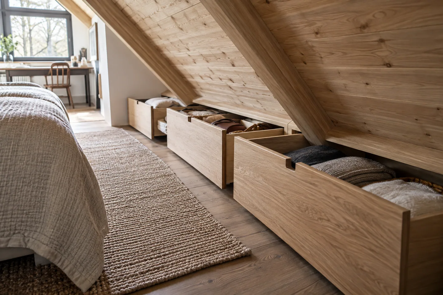 Custom low oak pull-out drawers fitted neatly beneath a sharply sloping timber wall