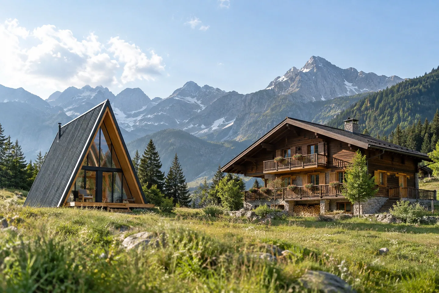 A steep minimalist A-frame and a broad-roofed traditional chalet in one quiet alpine landscape