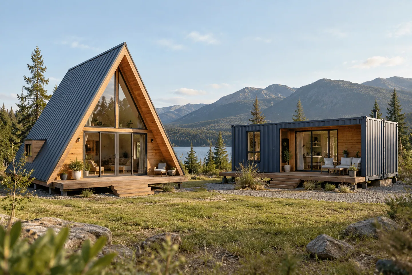 A timber A-frame and a tasteful repurposed shipping-container cabin in one spacious landscape