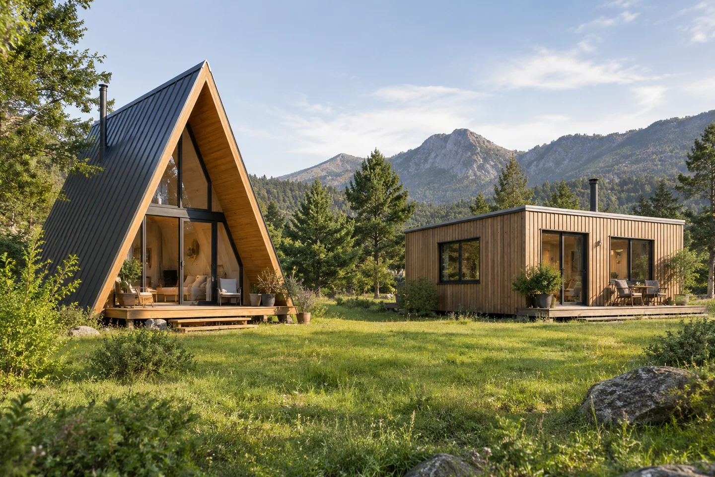 A steep A-frame and a rectangular small cabin standing apart in the same green meadow, natural architectural comparison