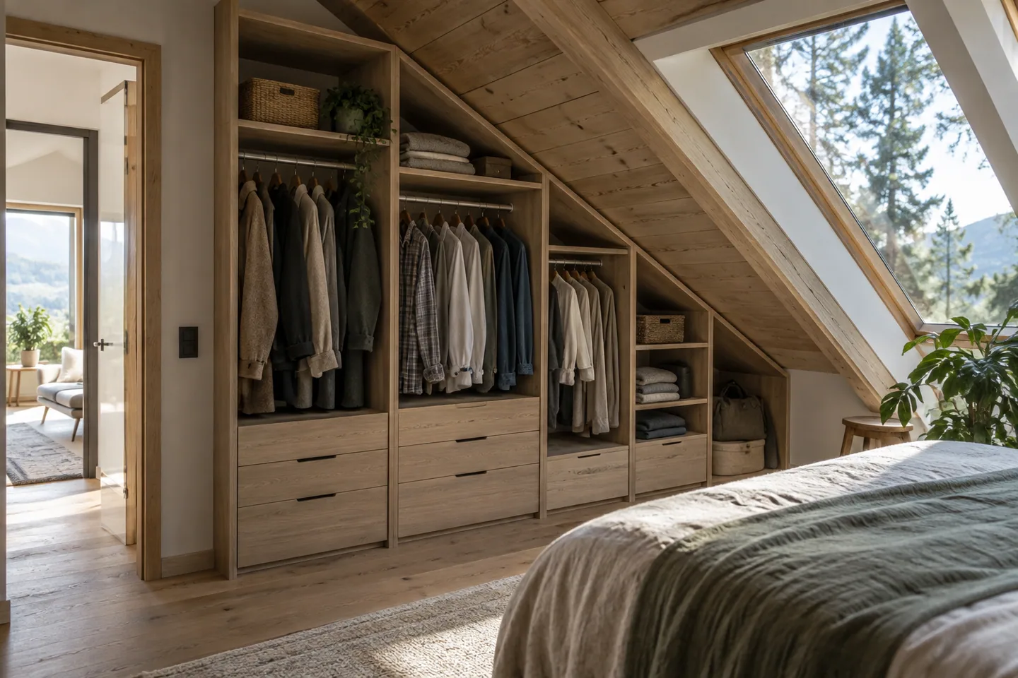 A wardrobe stepping down in height along a sloped cabin wall with open hanging and drawer sections