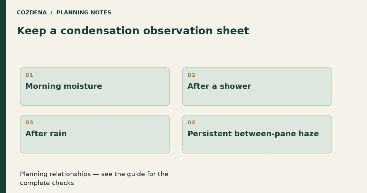 Planning diagram: Morning moisture; After a shower; After rain; Persistent between-pane haze.