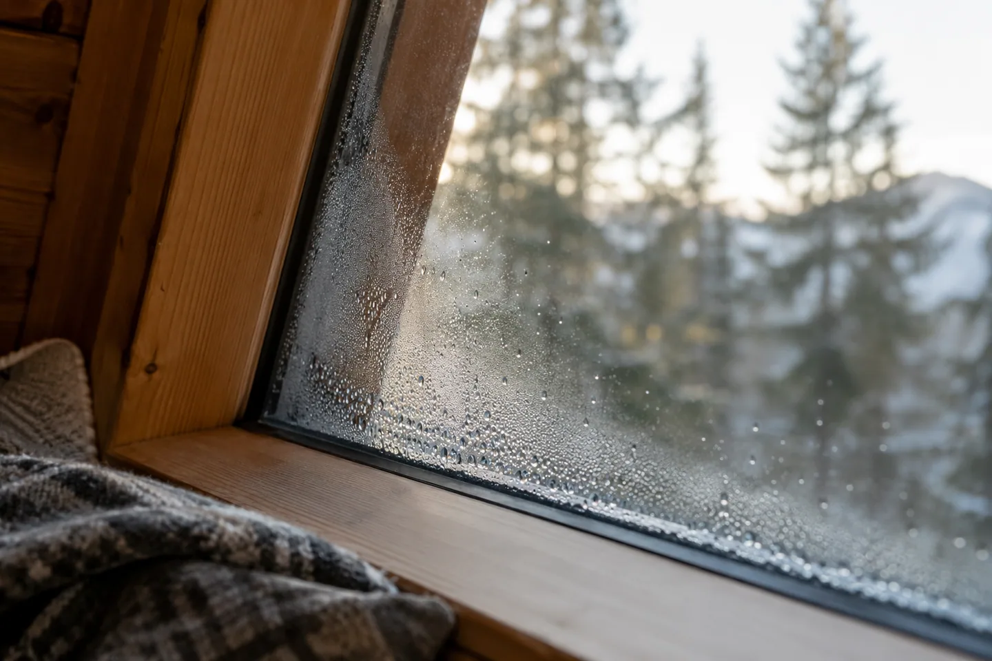 Macro view of tiny condensation droplets on the inside edge of a triangular cabin window, blurred pine trees beyond