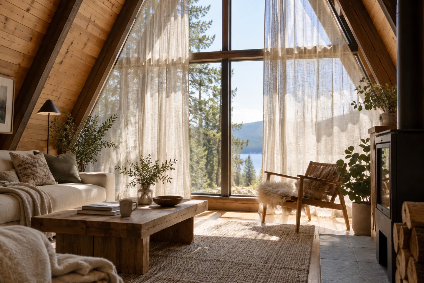 Sheer linen curtains filtering daylight through large triangular cabin windows, privacy without a dark room