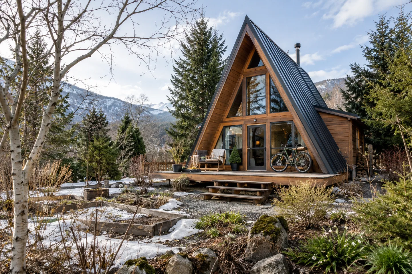 Well-maintained occupied A-frame in an early-spring garden, light snow patches and a bicycle on the porch
