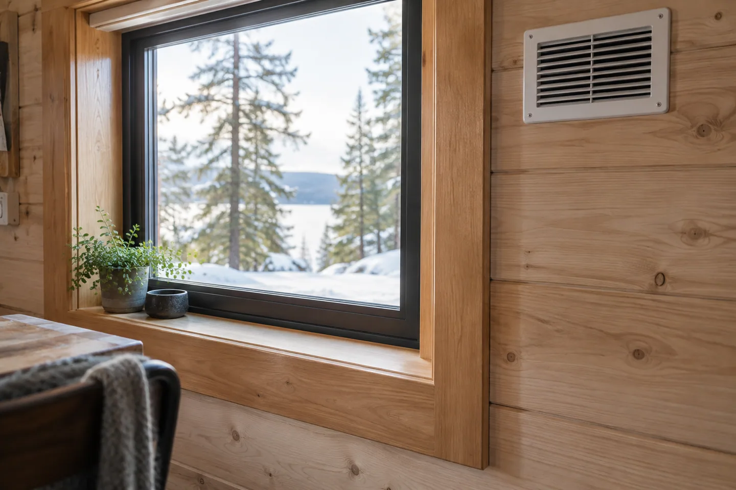 A cabin window reveal with a neatly sealed perimeter and a separate ventilation grille nearby