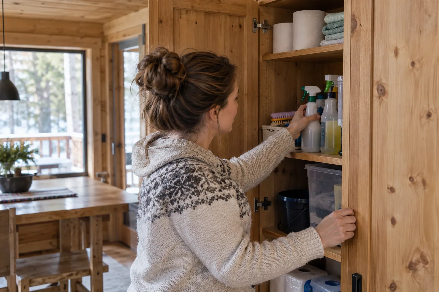 Cabin owner opening a storage cupboard with cleaning supplies and spare household items, everyday ownership scene