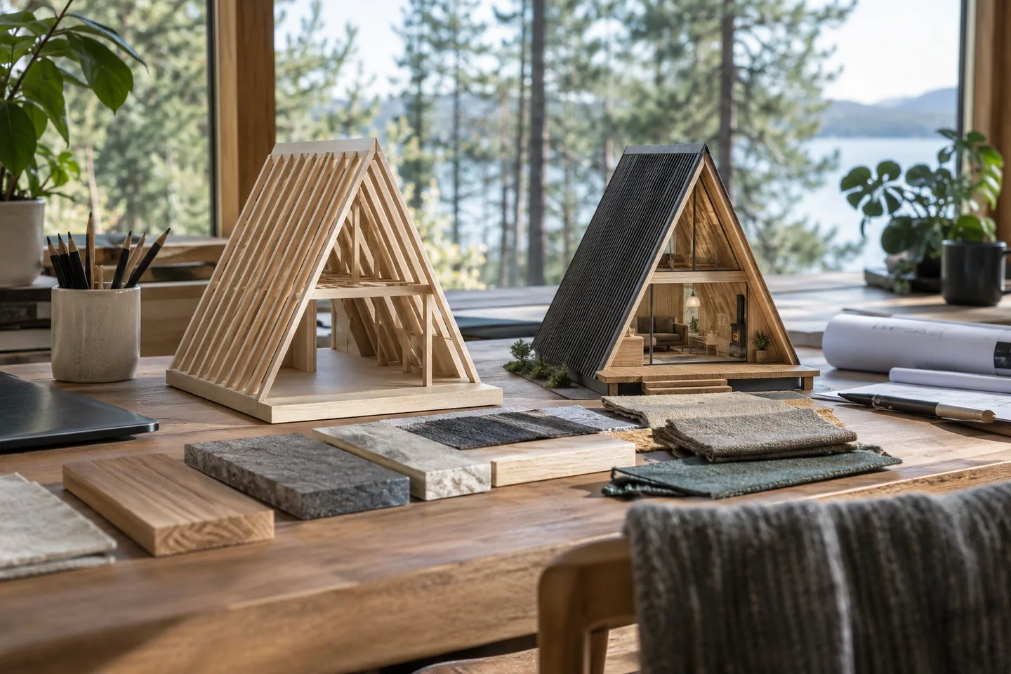 Two different modest A-frame scale models, a plywood shell and a furnished cabin, on an architect's workbench with material swatches