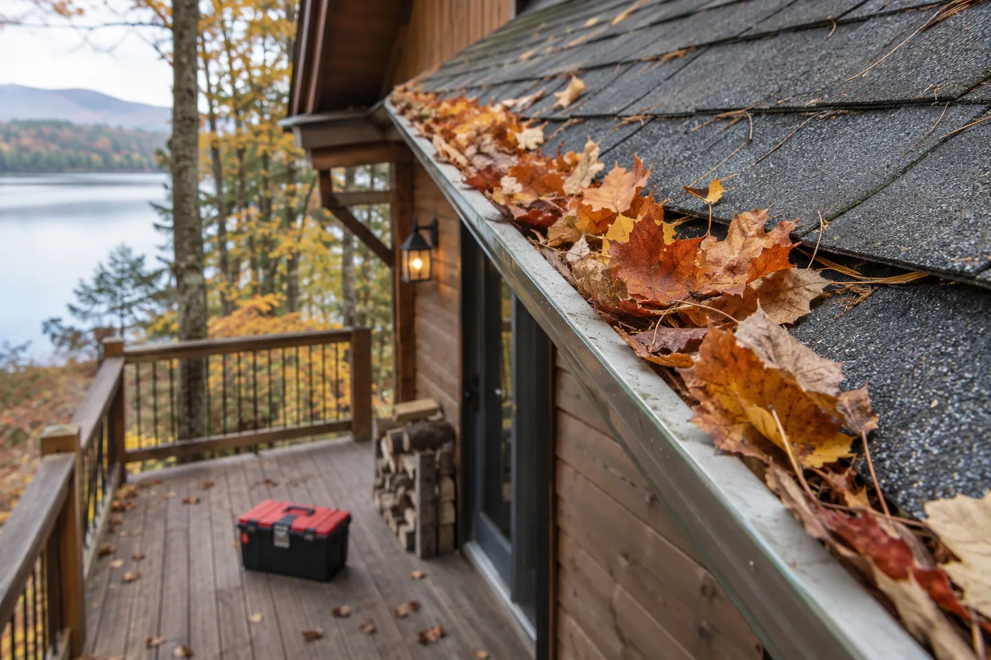 Autumn leaves gathered along a cabin gutter, a closed maintenance toolbox on the porch below
