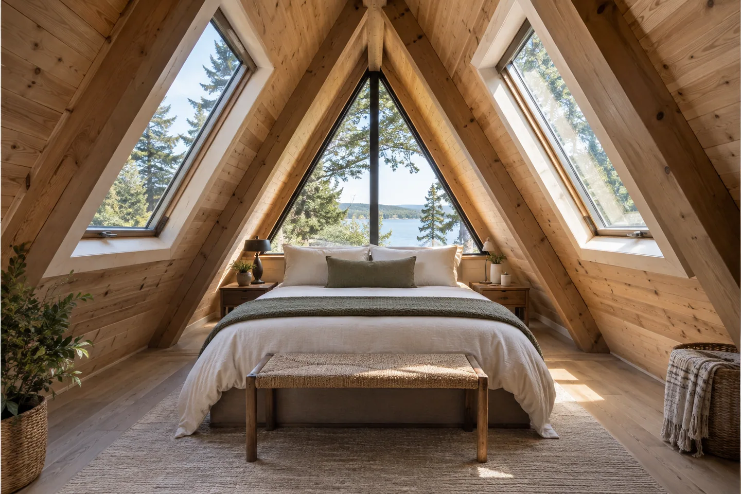 A neatly made bed positioned centrally under an A-frame ridge with clear access on both sides
