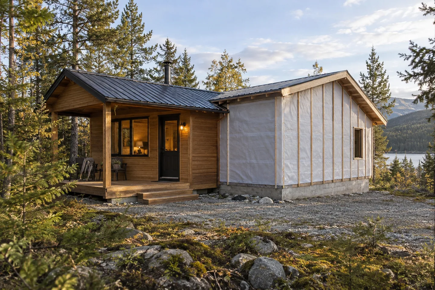One completed small cabin room attached to a weather-tight unfinished future section