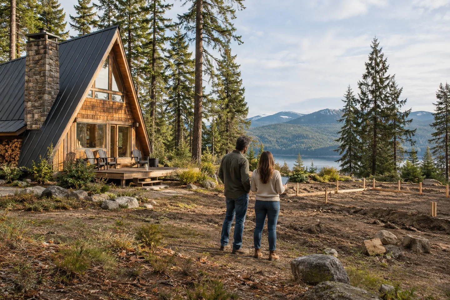 Adult couple standing between a restored older cabin and a cleared prospective building site in a rural setting