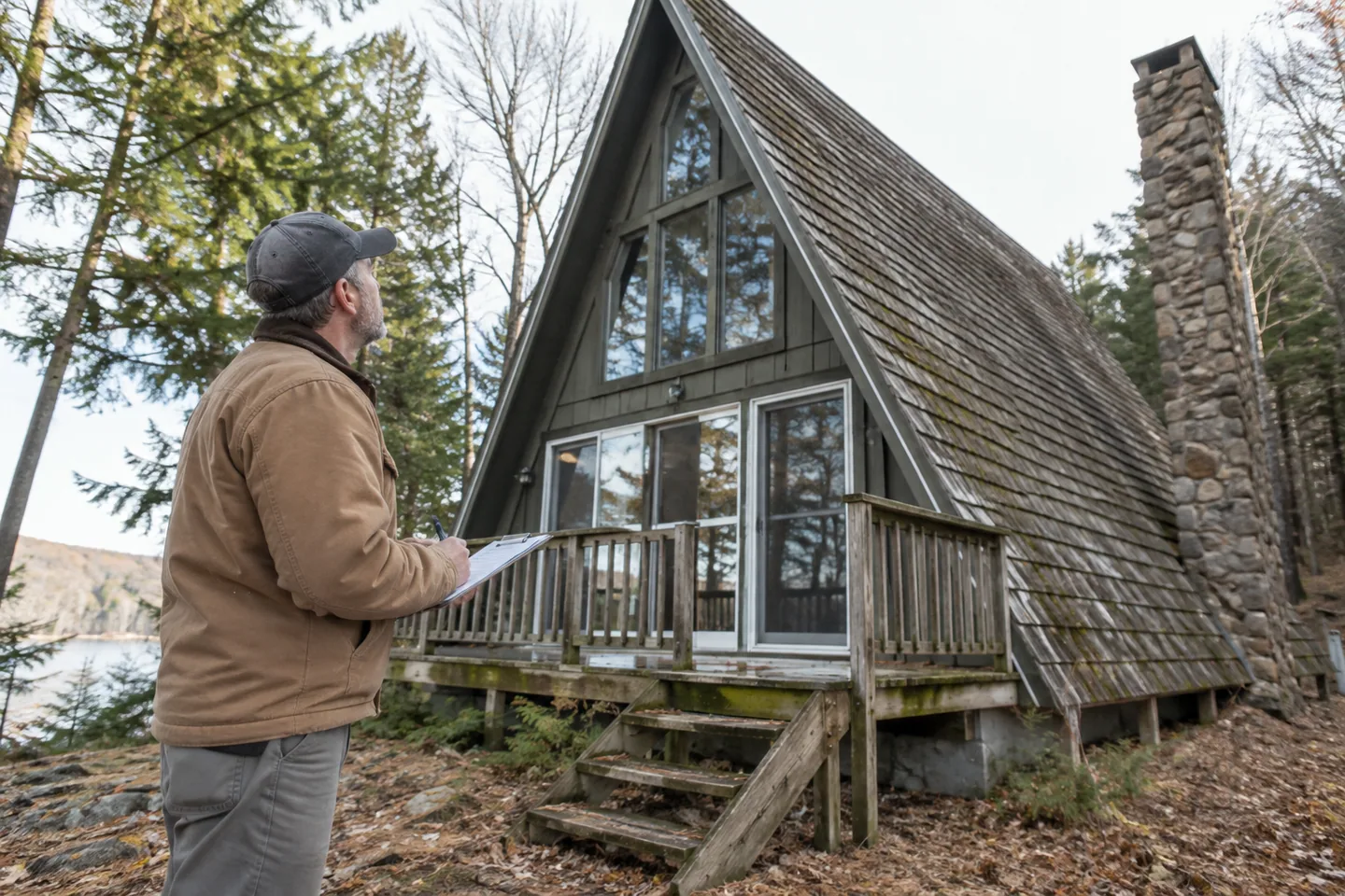 An adult building inspector with a clipboard examining an older A-frame from ground level