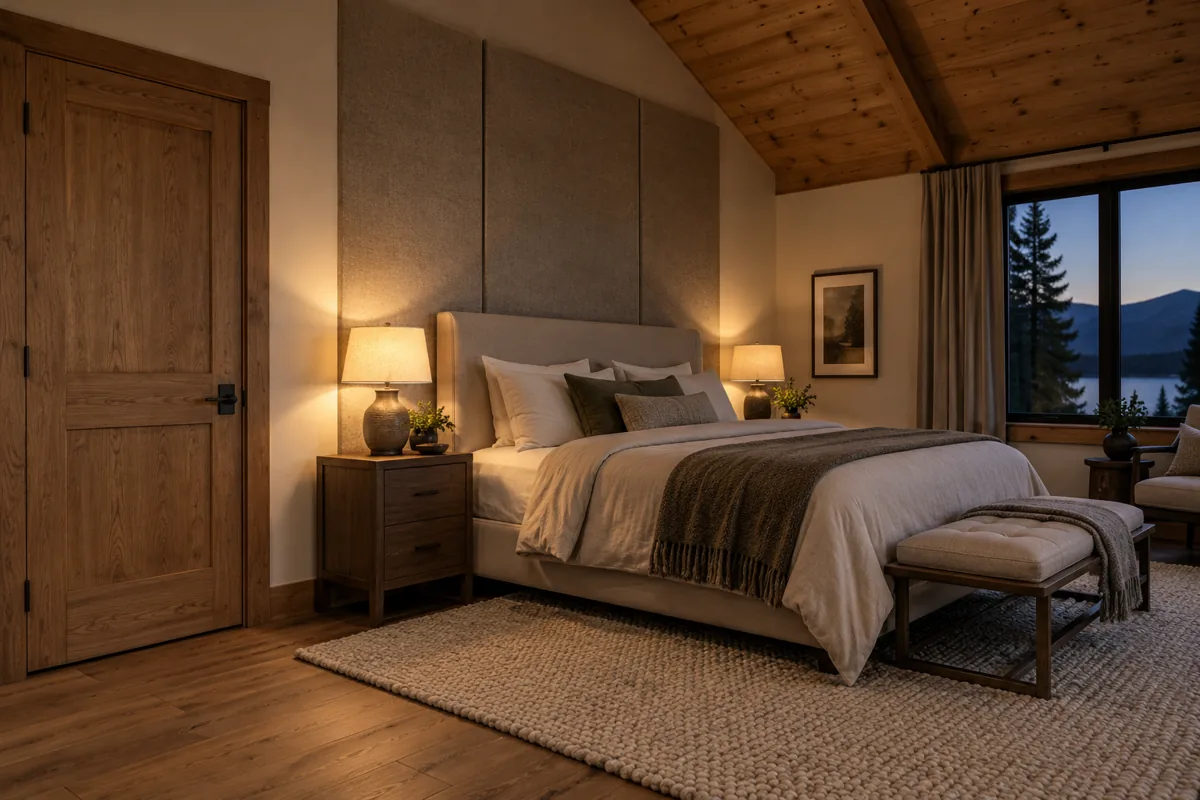 Cabin bedroom with a solid timber door, upholstered bed, wool rug and wall panels.
