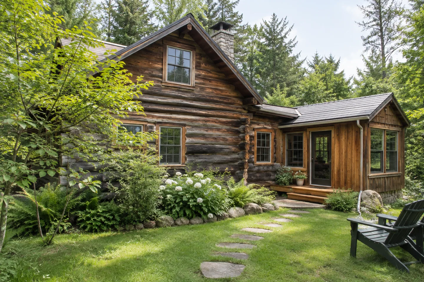 An older timber cabin with a modest side addition seen from the garden in even daylight