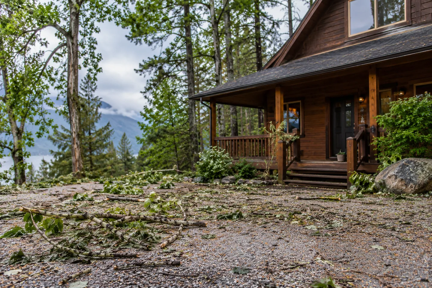 Fallen small branches scattered outside a cabin after wind, viewed safely from a distance