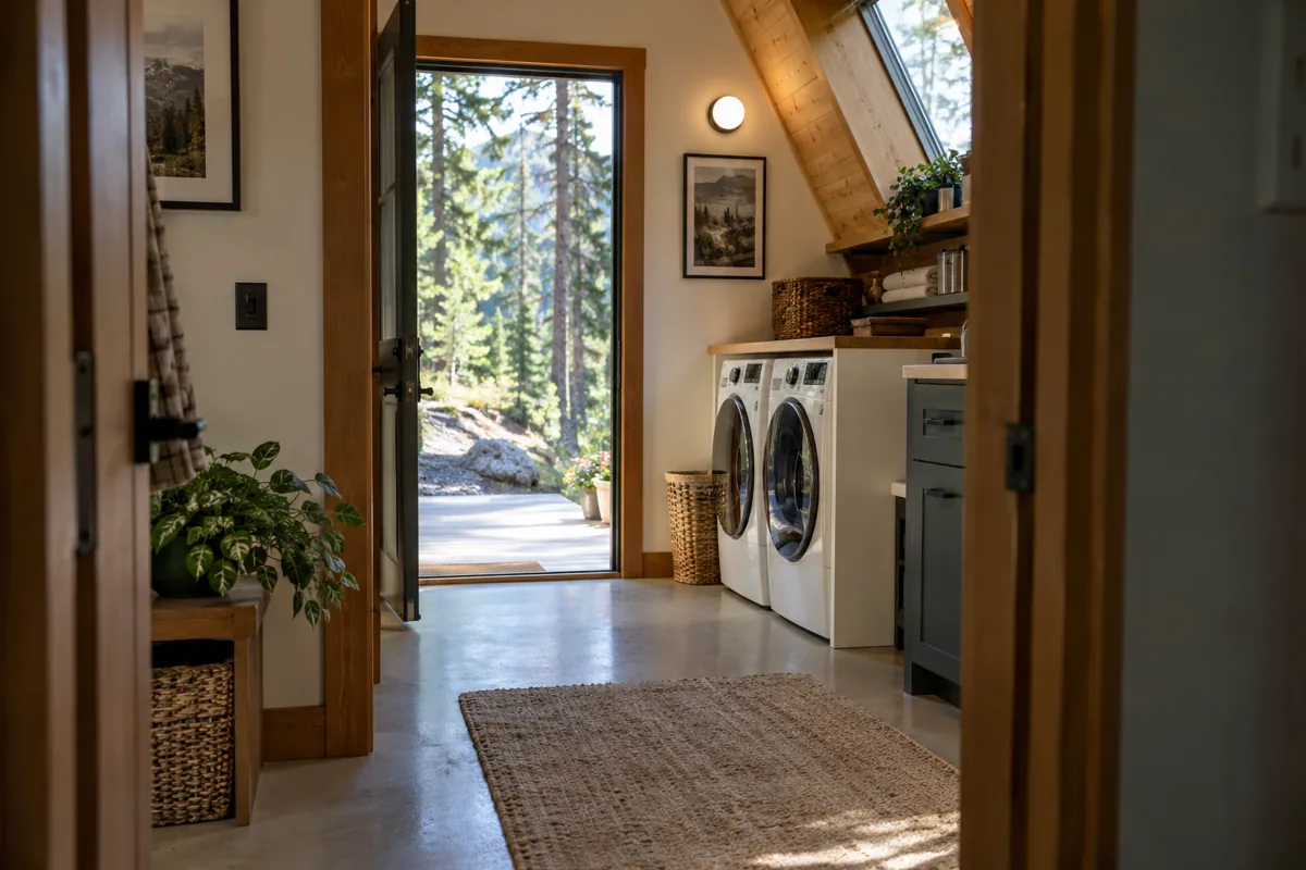 Cabin laundry alcove with a washing machine and a clear route through the open entrance.