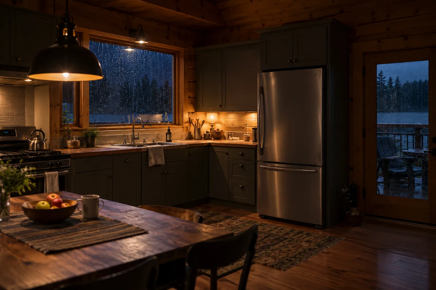 A lit cabin kitchen during a dark rainy evening, modest essential lighting and closed refrigerator